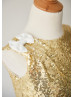 Gold Sequin Ivory Tulle Knee Length Flower Girl Dress With Bow